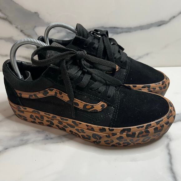 Vans Women's Platform Black Brown Suede Leopard Shoes Sz 7.5 Old Skool Skater - Picture 1 of 7